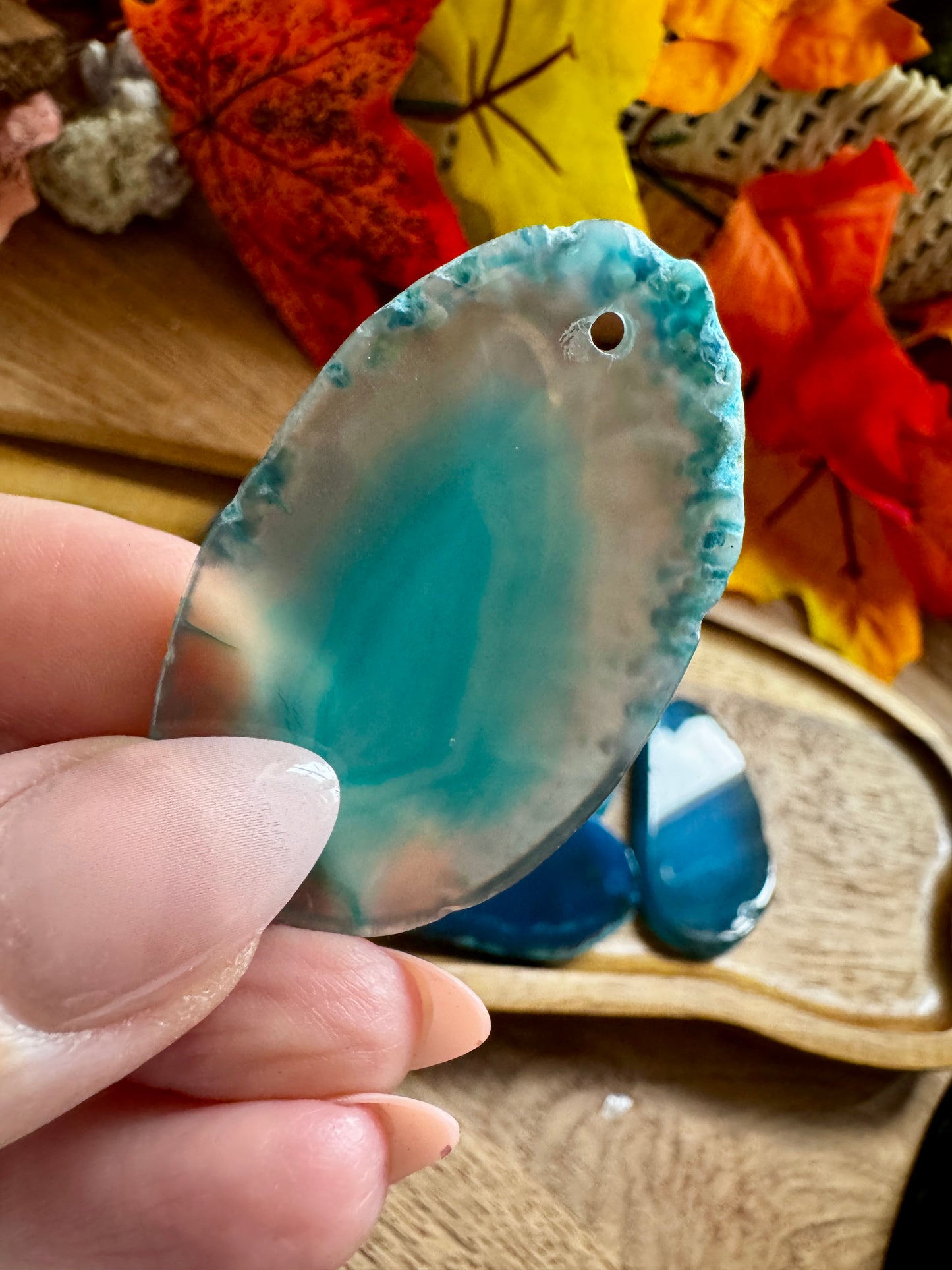 Blue Dyed Agate Slice (Drilled Hole)