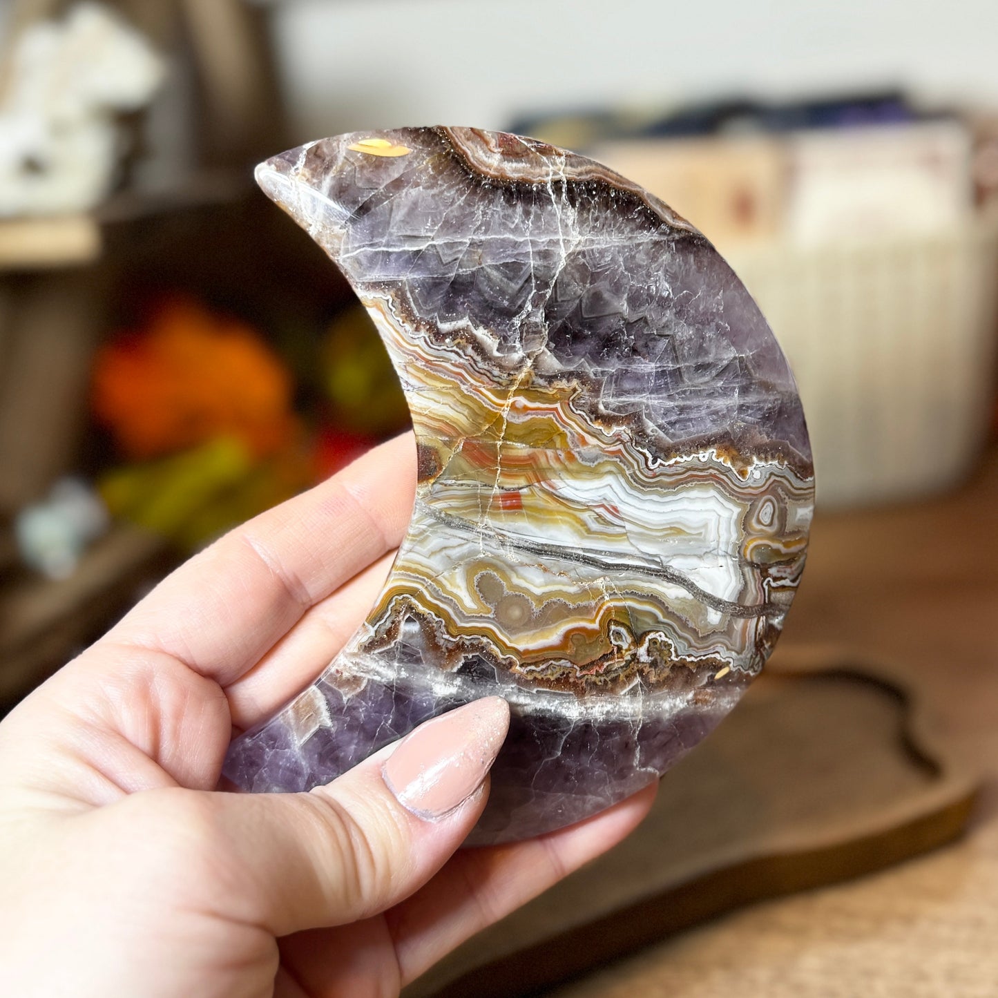 Banded Amethyst & Crazy Lace Agate Crescent Moon on Stand