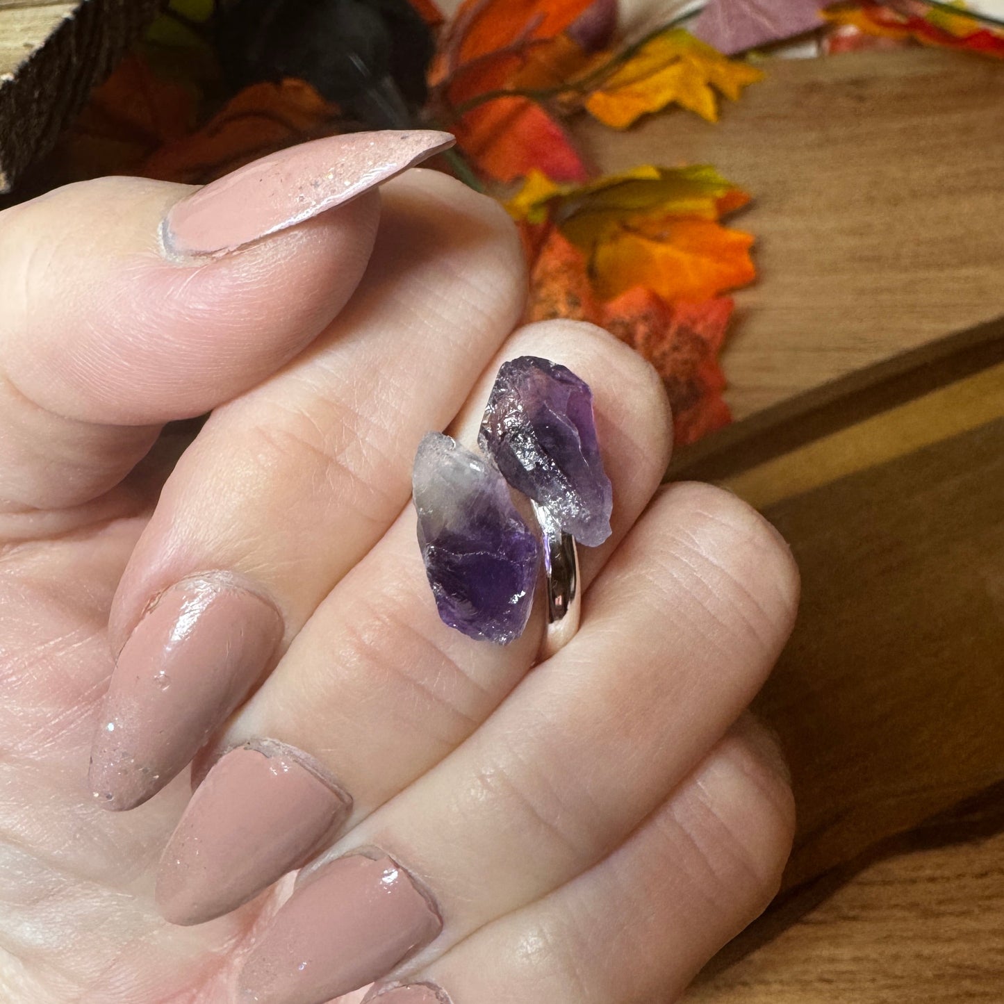 Raw Amethyst Silver-Plated Adjustable Ring