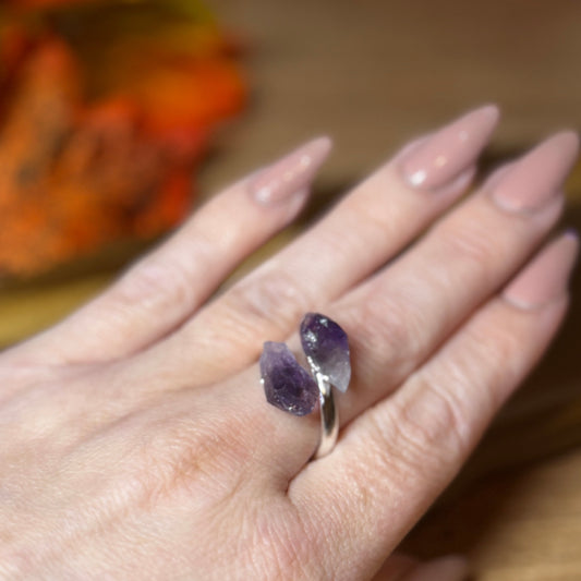 Raw Amethyst Silver-Plated Adjustable Ring