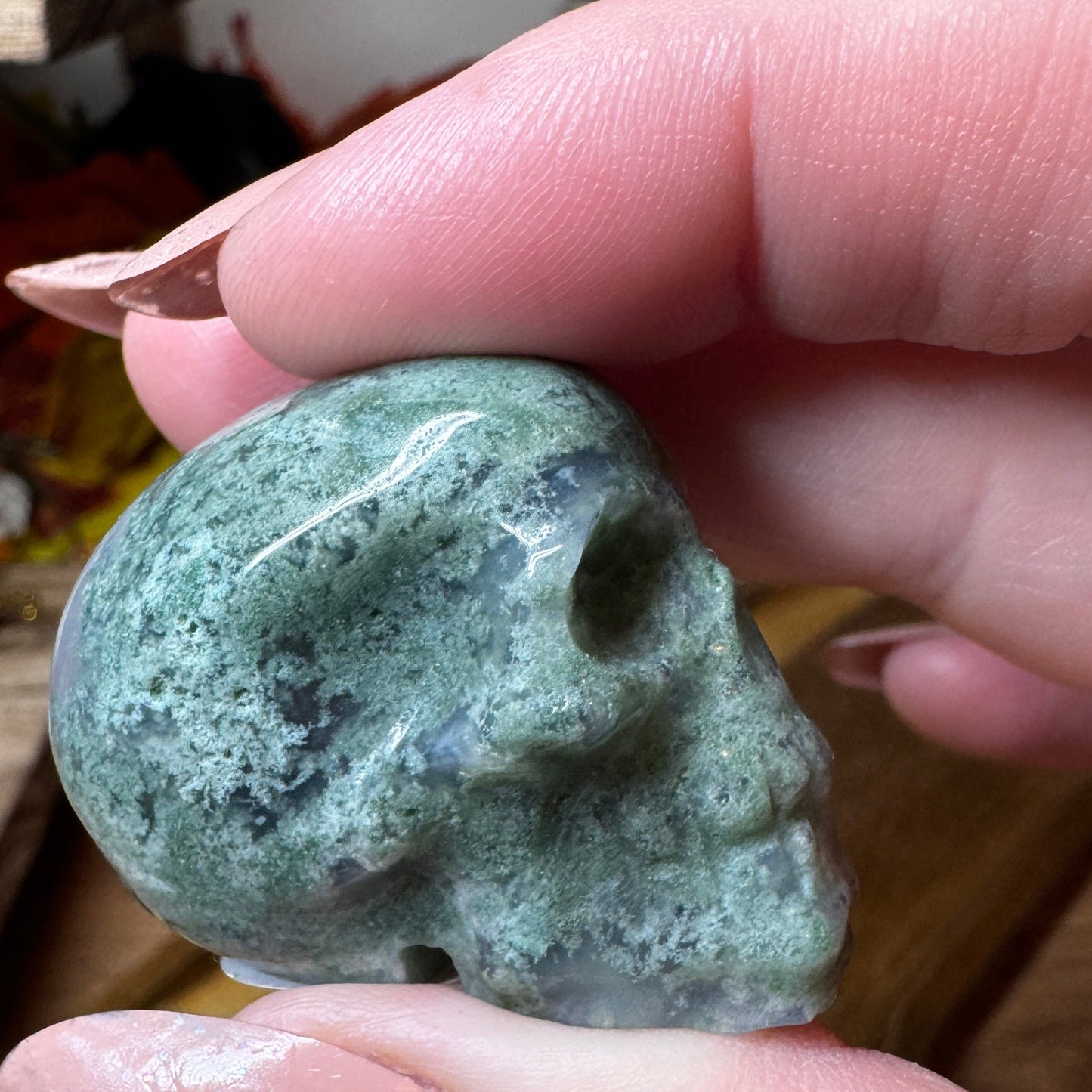 Druzy Moss Agate Skull Carving