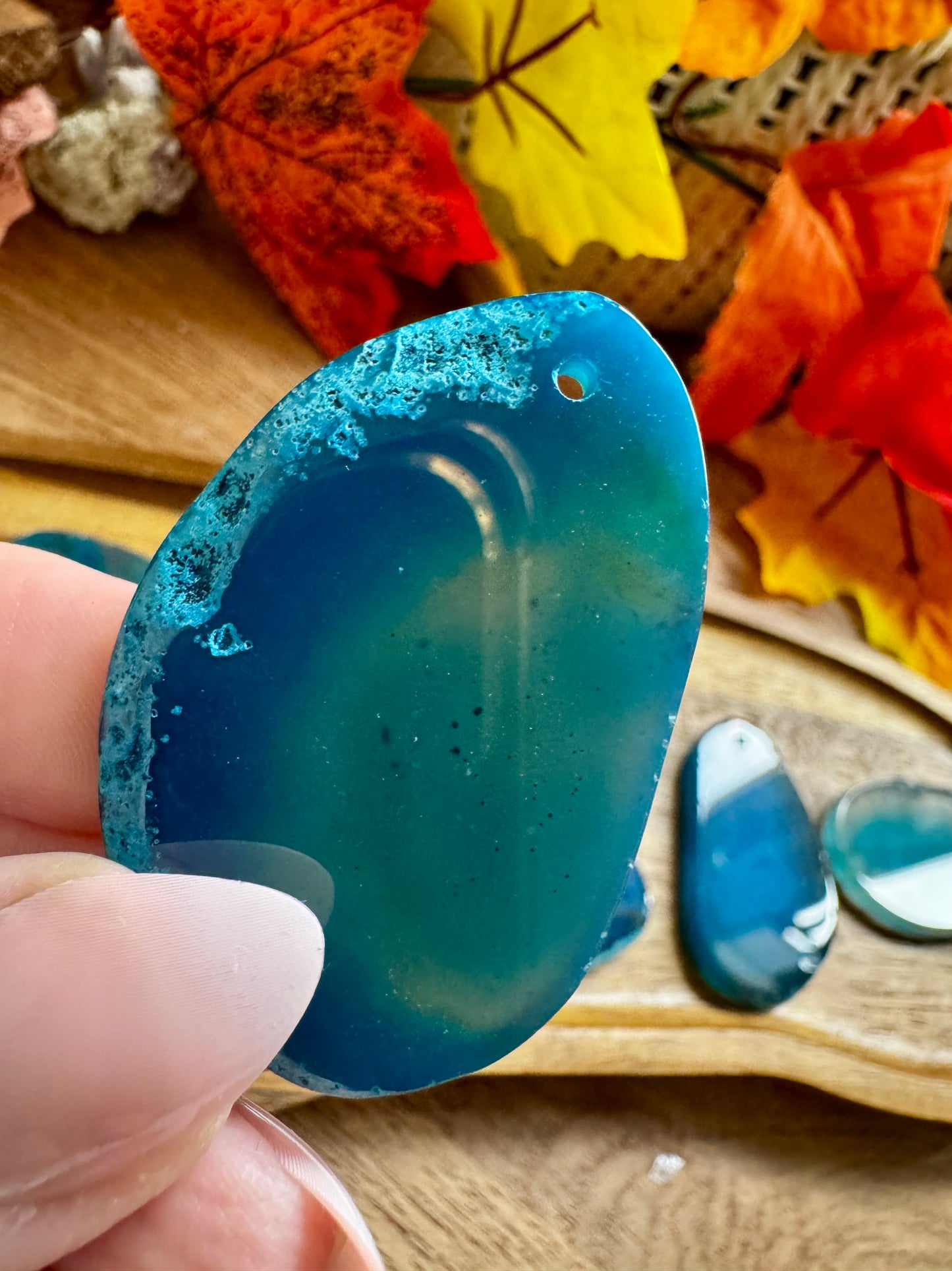 Blue Dyed Agate Slice (Drilled Hole)