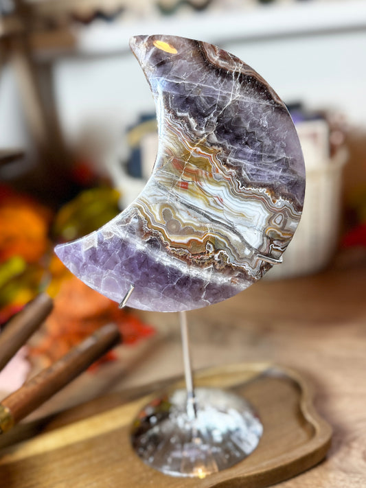 Banded Amethyst & Crazy Lace Agate Crescent Moon on Stand