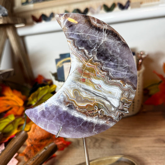 Banded Amethyst & Crazy Lace Agate Crescent Moon on Stand