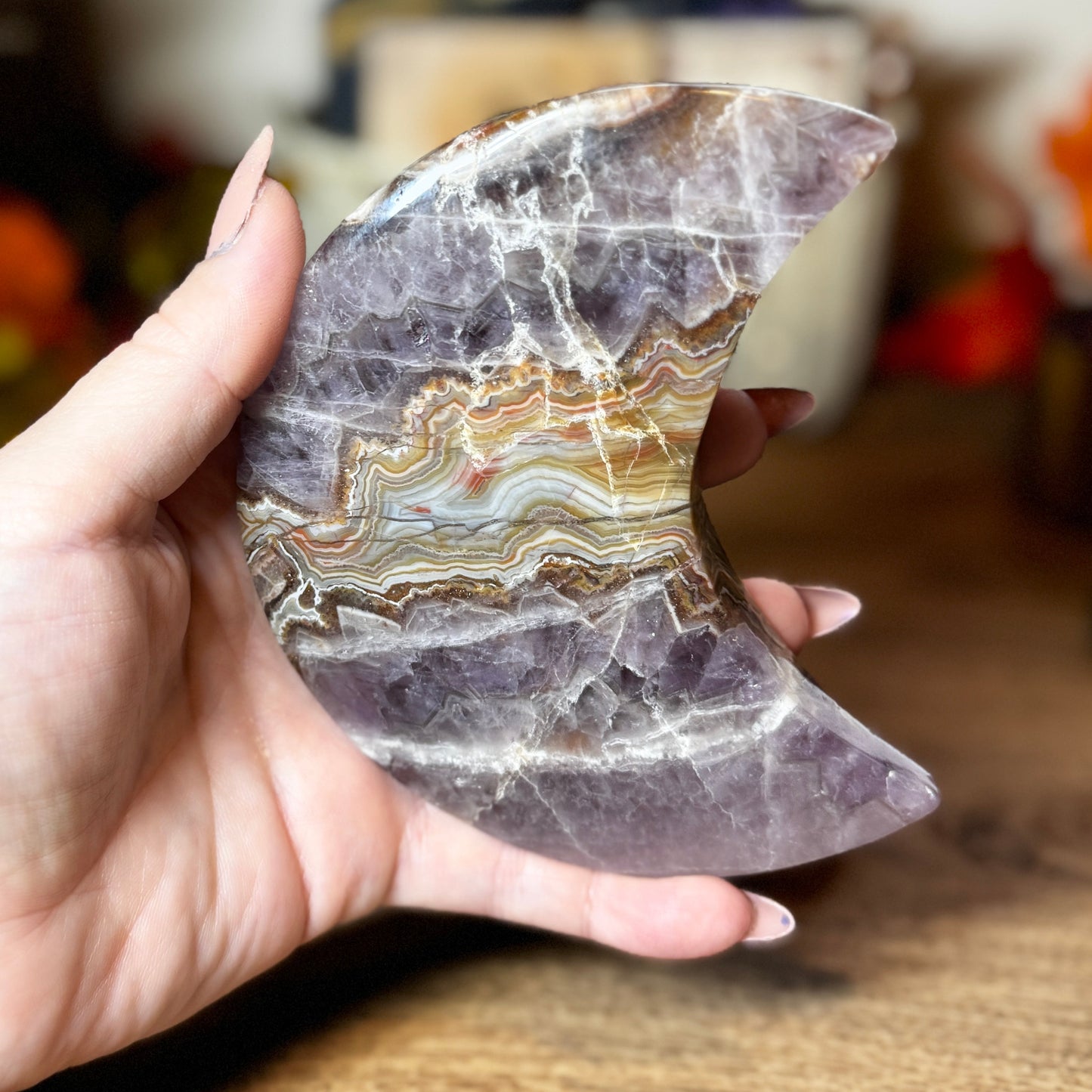 Banded Amethyst & Crazy Lace Agate Crescent Moon on Stand