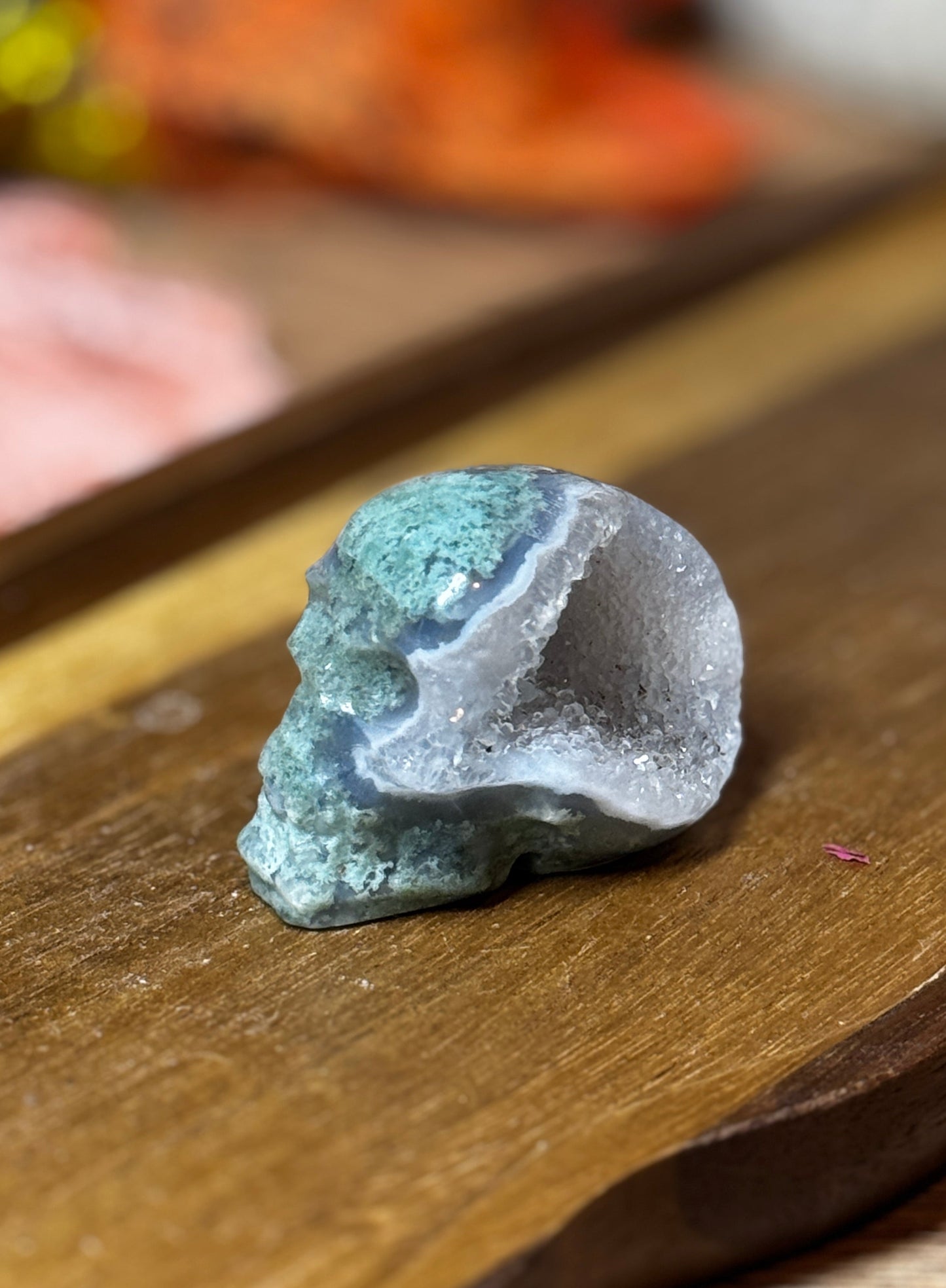 Druzy Moss Agate Skull Carving