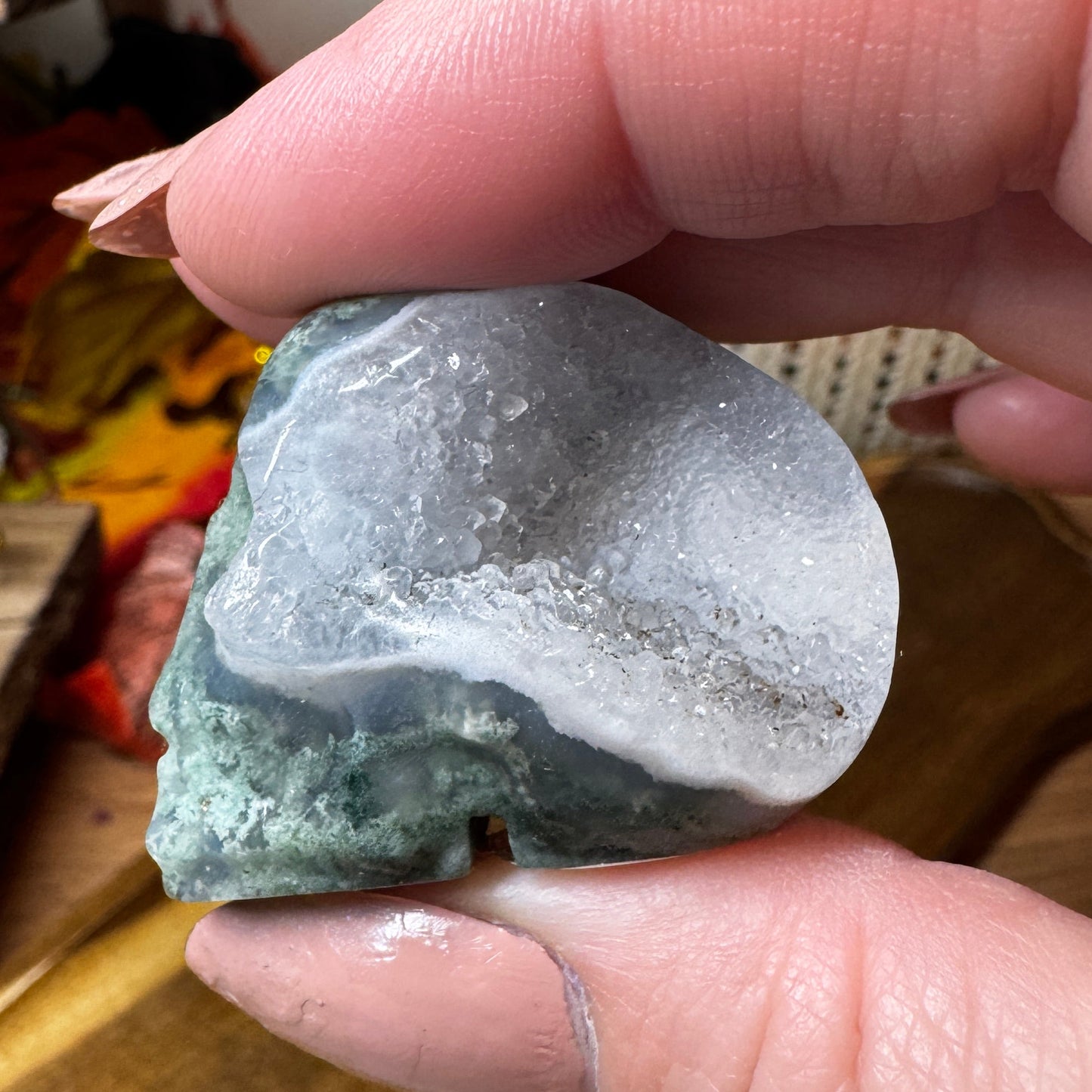 Druzy Moss Agate Skull Carving