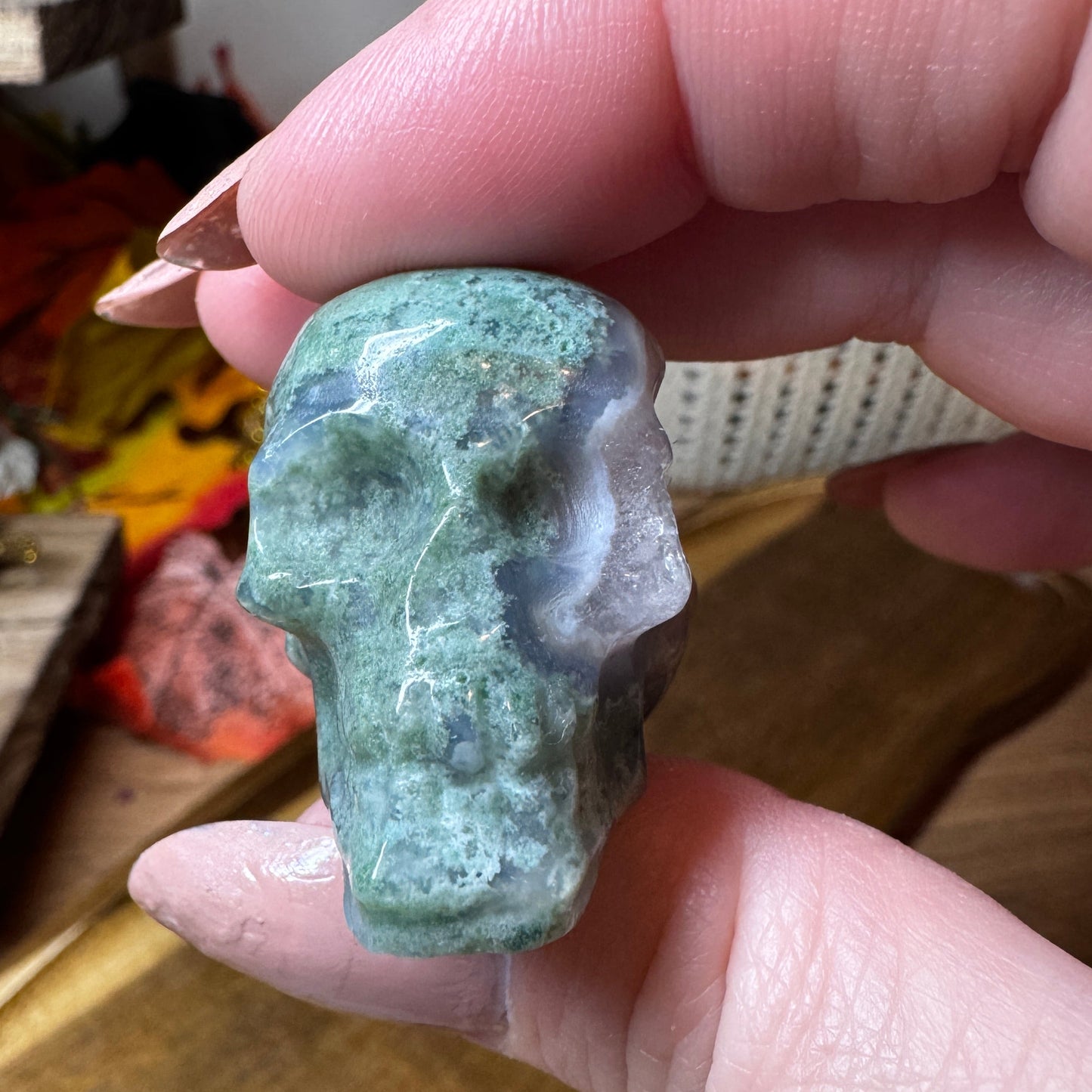 Druzy Moss Agate Skull Carving